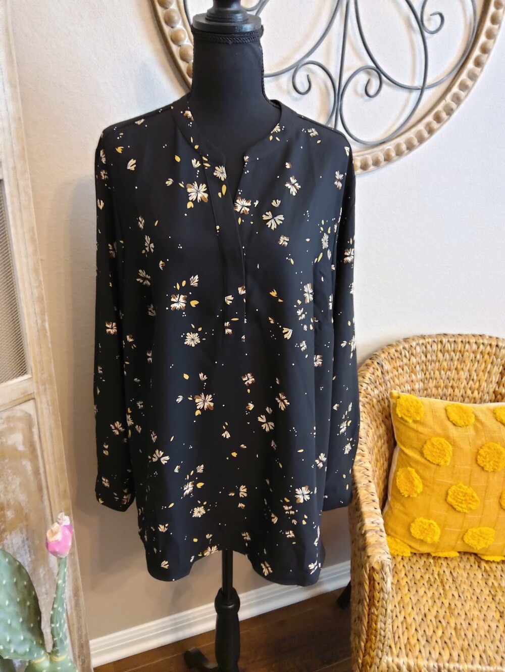 Hilary Radley Black Tunic with Cream and Yellow Floral Motif